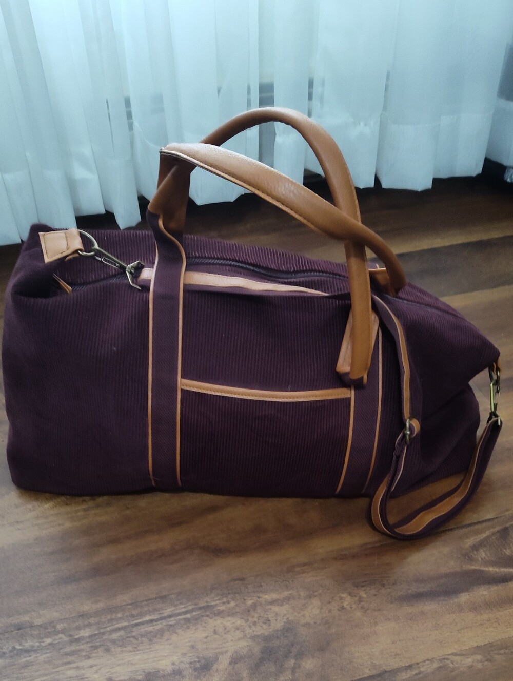 DSW Plum Corduroy Duffel with Tan Trim